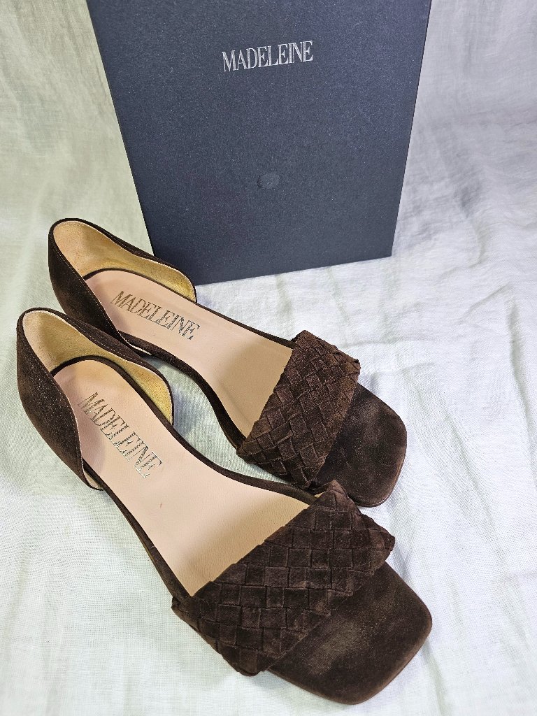 Madeleine Woven Suede Dâorsay Open Square Toe Flat Sandals Eu39 Us8.5 Chocolate